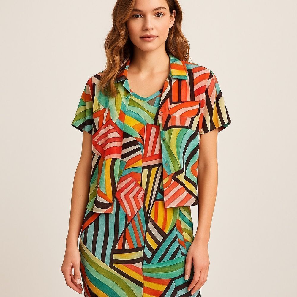 Jams World XS Abstract Button Down Shirt & Knee‎ Length Dress Set 100% Rayon